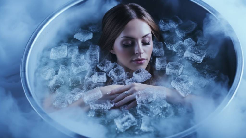 Woman taking a bath of ice in a bathtub