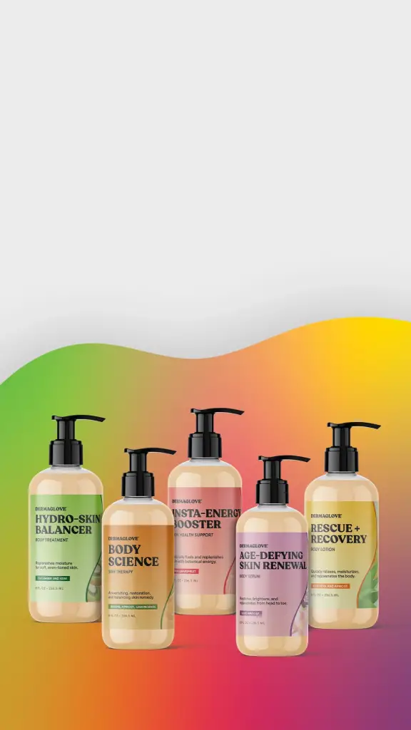 A graphic showing lotion bottles of several DERMAGLOVE products